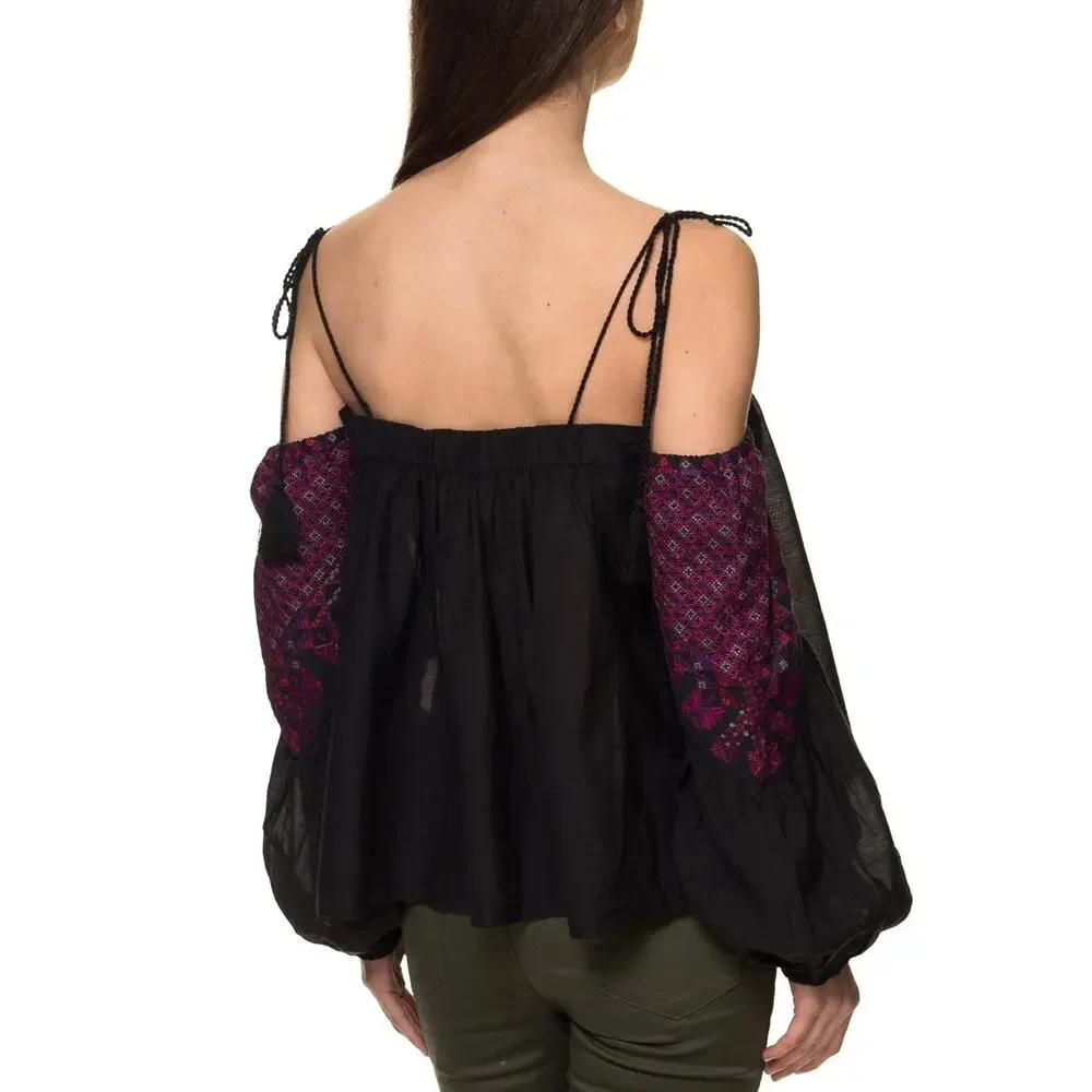 Free People Vacay Vibin Top XS Black Embroidered Boho Festival Cold Shoulder